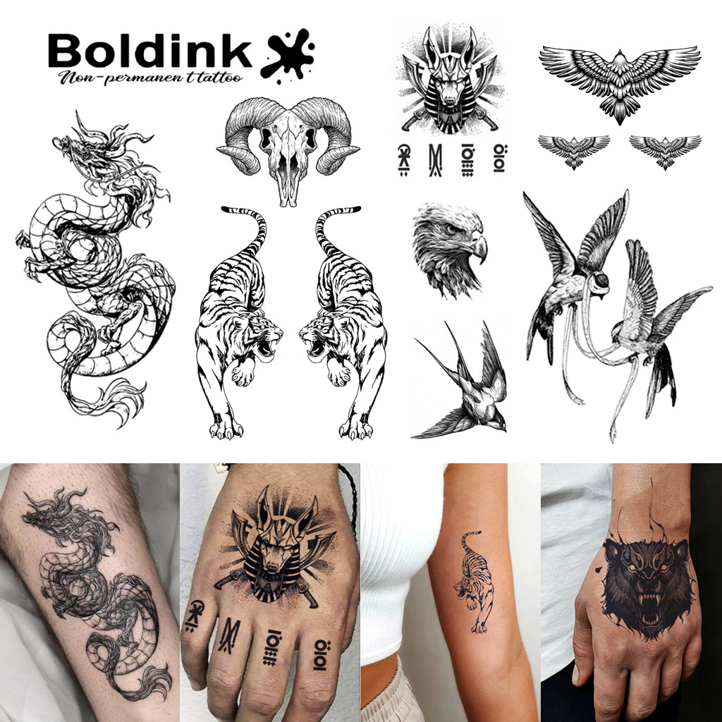 Boldink รอยสักชั่วคราวรูปสัตว์ป่า · สติกเกอร์รอยสักวิเศษกันน้ำกึ่งถาวร · ติดนานสองสัปดาห์ · รอยสักปลอม · เหมาะสำหรับชีวิตประจำวันและงานปาร์ตี้