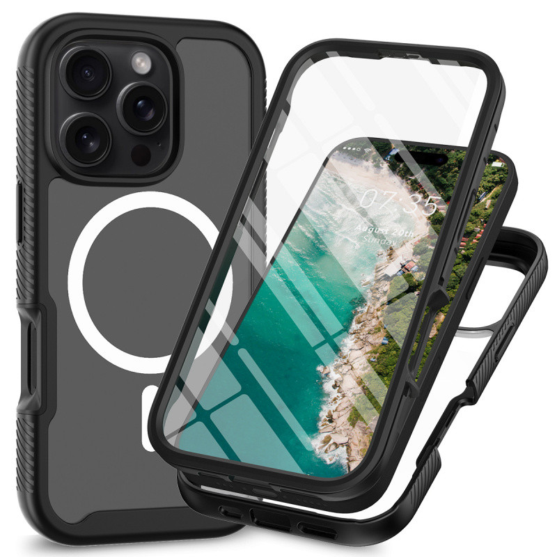 360° เคสเกราะแม่เหล็กป้องกันเต็มรูปแบบพร้อมตัวป้องกันหน้าจอด้านหน้าสําหรับiPhone 16 15 14 13 12 11 Pro Max Plus 13 Mini XR XS Max 8 7 Plusชาร์จไร้สายฮาร์ดปกหลัง