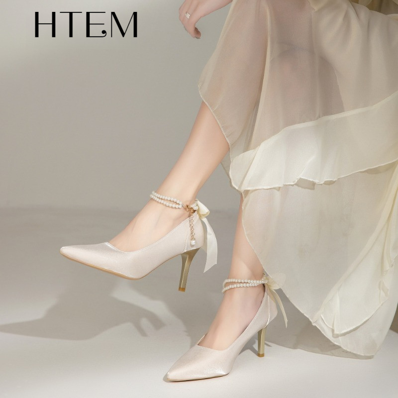 HTEM 2025 รองเท้าส้นสูงใหม่, รองเท้าแต่งงานแชมเปญ, รองเท้าส้นสูงสำหรับสวมใส่ทุกวัน 35-40 หลารองเท้าเจ้าหญิง