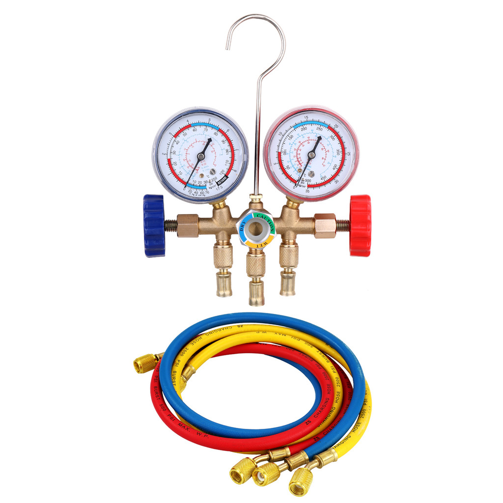 Winn Refrigerant Manifold Gauge Set เครื่องมือเครื่องปรับอากาศพร้อมท่อและตะขอสําหรับ R12 R22 R404A R