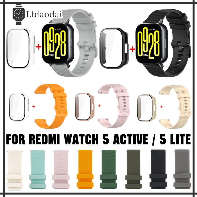 สายซิลิโคน+PC กรณี for Redmi Watch 5 Active / 5 Lite ร้อยข้อมือยางกระจกนิรภัยหน้าจอป้องกันกันชนอุปกรณ์เสริม