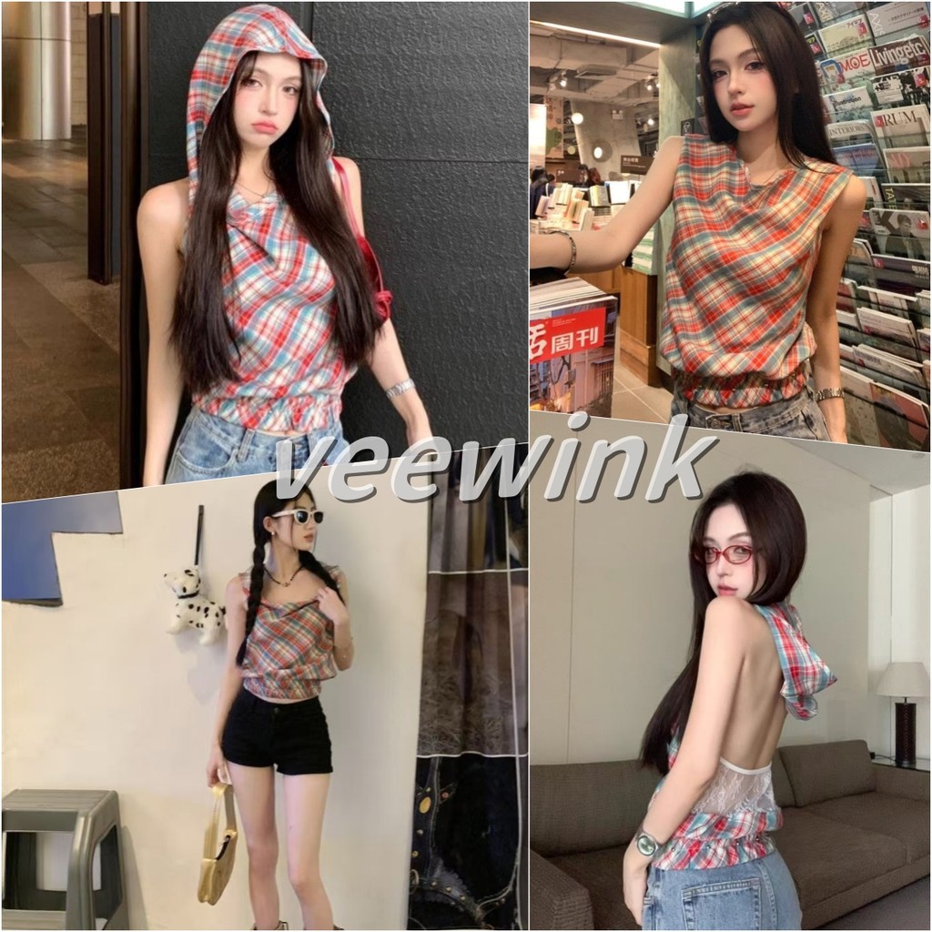 Veewink พร้อมส่งจากกทม เสื้อคล้องคอยั่วๆ เชื่อมต่อกับหมวก ท็อปส์ซูของผู้หญิง ลายสก๊อตน่ารัก งานสวยเเซ่บมาก เลิศเเบบสบัด