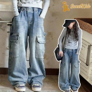 【Sweet Kids】4-14Years Girls Cargo Jeans Summer Fashion Loose and Casual Straight-leg Wide Pants