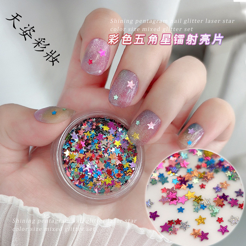 สีดาวห้าแฉกแต่งเล็บเลื่อมขนาดใหญ่ขนาดเล็กผสมสีลูกกวาดเลเซอร์ดาวเลื่อมแฟลชอุปกรณ์ ทําเอง