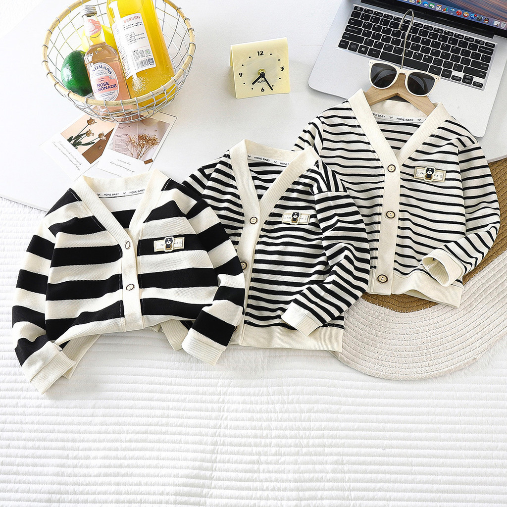[RJ] 80-150CM สไตล์ใหม่ชายหญิงฤดูใบไม้ร่วงเวอร์ชั่นเกาหลี Baby Stripes All-Match Western แจ็คเก็ตฤดูใบไม้ร่วงเด็กแขนยาวกลางเด็กเล็กเสื้อ
