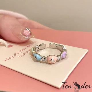 COD-ส่งเร็วจากไทย🎀แหวนโบว์เคลือบน้ำหยดหรูหราระดับไฮเอนด์ แหวนนิ้วชี้แบบปรับได้ สไตล์ย้อนยุค อ่อนโยน-Ten