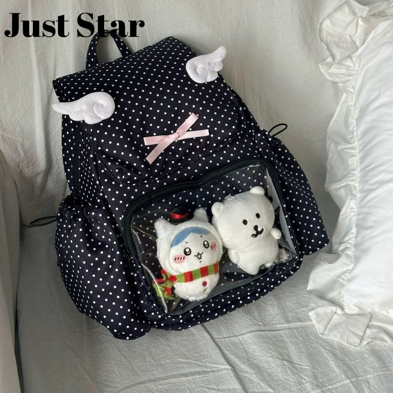 JUSTSTAR กระเป๋าเป้ลายจุดน่ารักพร้อมกระเป๋าใสสำหรับเด็กหญิงและนักเรียน