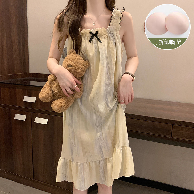 ✨ชุดนอน Nightdress pajamas สายเดี่ยว ฤดูร้อนสไตล์ใหม่ กลางความยาวสแควร์คอแขนสั้นสลิง Nightdress Loungewear ผู้หญิง ราคา ถูกที่สุด ดีลบีเคเค แกลเลอรีภาพที่ 5