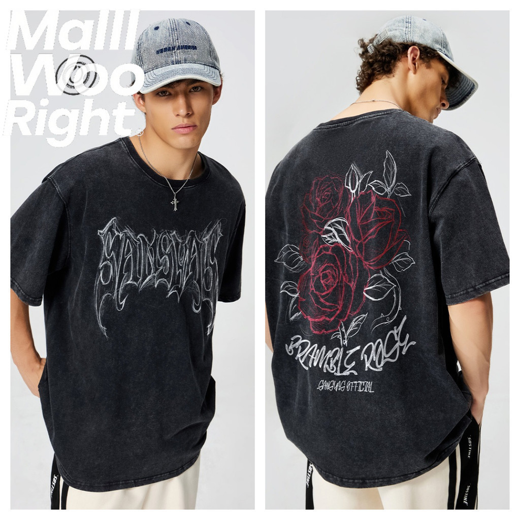 （จัดส่งตลอด 24 ชั่วโมง）HY  เสื้อยืดฟอก oversize ผ้าฝ้าย 100% โอเวอร์ไซซ์ สีดําเข้ม สไตล์ฮิปฮอป เรโทร เสื้อยืดชายและหญิง