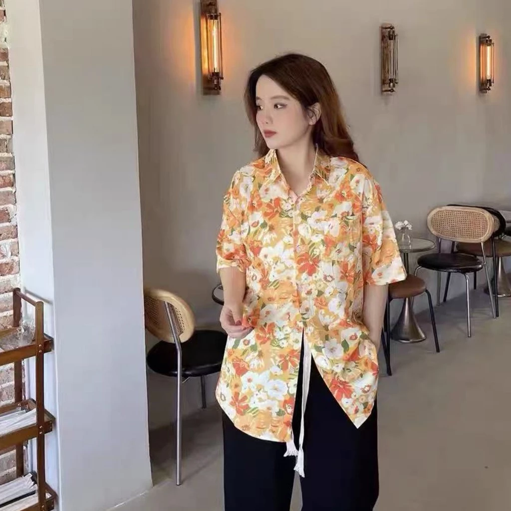 เสื้อฮาวายผู้หญิง ลายดอก สีส้ม ผ้าไหมอิตาลี thumbnail 6
