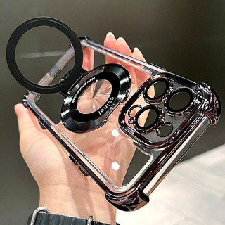 หรูหราแม่เหล็กกันกระแทกเคสโทรศัพท์ใสสําหรับiPhone 11 12 13 14 15 16 Pro Max Plus XS XRพร้อมที่วางขาตั้งฝาครอบ