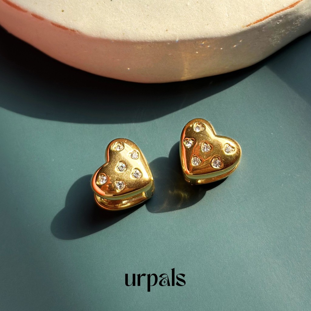 URPALS ต่างหูห่วง ต่างหูหัวใจ Stainless ชุบทอง 18K ฝังเพชร CZ เกรด AAA ใส่ได้ทุกวัน ไม่ลอกไม่ดำ