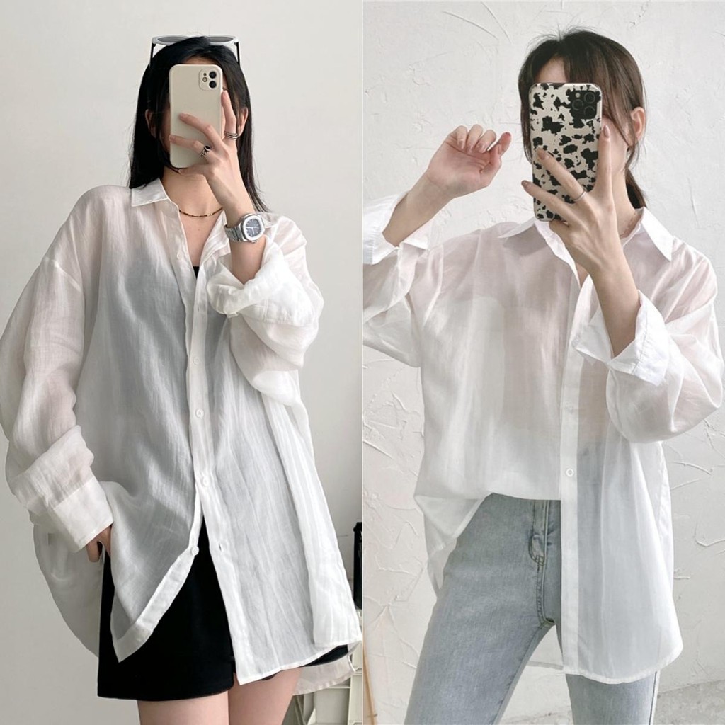cherryshop🍒พร้อมส่ง เสื้อแฟชั่นหญิง ผู้หญิงเสื้อบาง สีขาว สไตล์หลวมๆ สไตล์เกาหลีเรียบง่าย สบายๆ และอเนกประสงค์