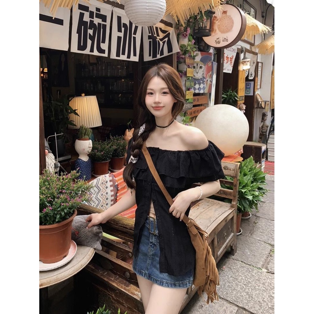 Veewink พร้อมส่ง🔥เสื้อท่อนบน เสื้อเบลาส์ผู้หญิง มีกระดุม แต่งระบาย สีพื้น สไตล์ลำลอง - รูปที่ 7