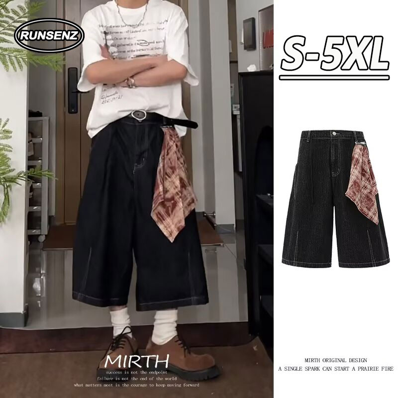 S-5XL ญี่ปุ่น Retro Capri กางเกงยีนส์ผู้ชาย Casual Baggy Plus ขนาดกางเกงขาสั้น