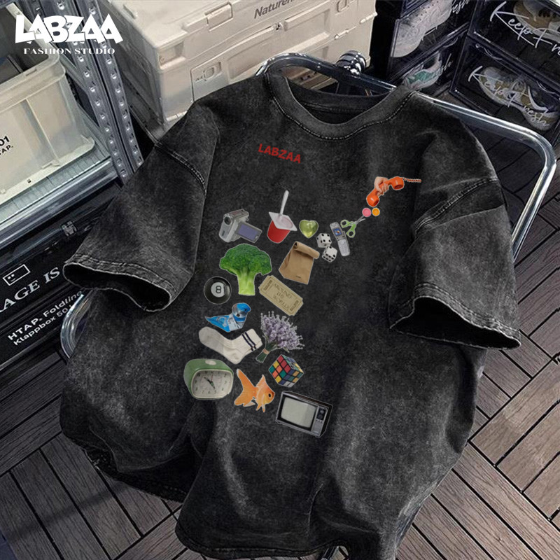 เสื้อยืด oversize💥ลายพิมพ์แฟชั่น คอกลมแขนสั้น วินเทจฟอกน้ำ ใส่สบาย ไม่ต้องรีด แนวสตรีทแฟชั่น cotton 