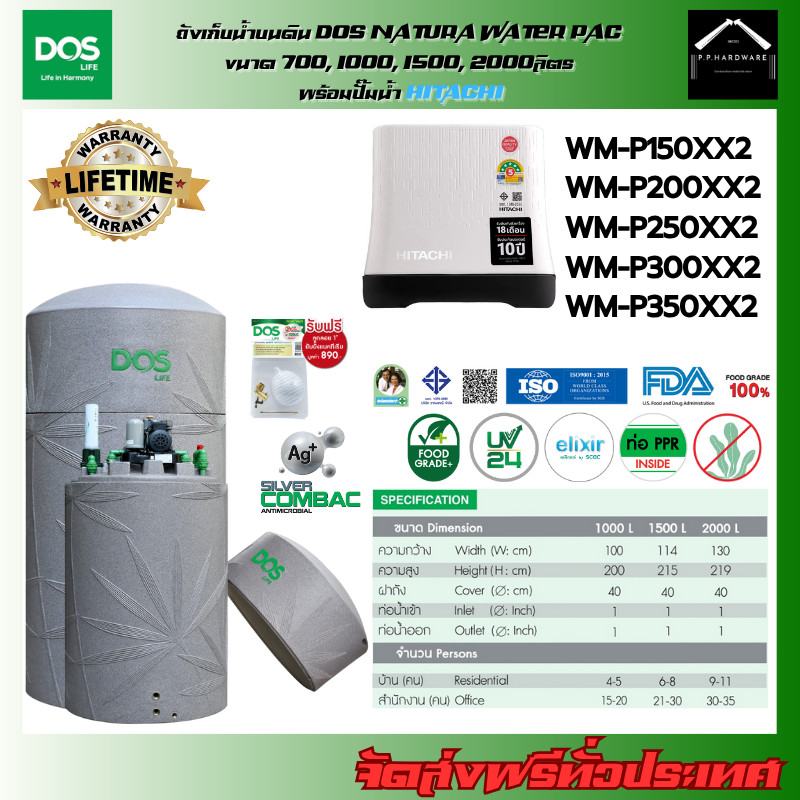 DOS ถังเก็บน้ำพร้อมปั๊มน้ำNATURA WATER PAC All in One+ปั๊มน้ำHITACHI รุ่นWMP (มี 4 ขนาด) ขนาด700, 1000, 1500, 2000ลิตร