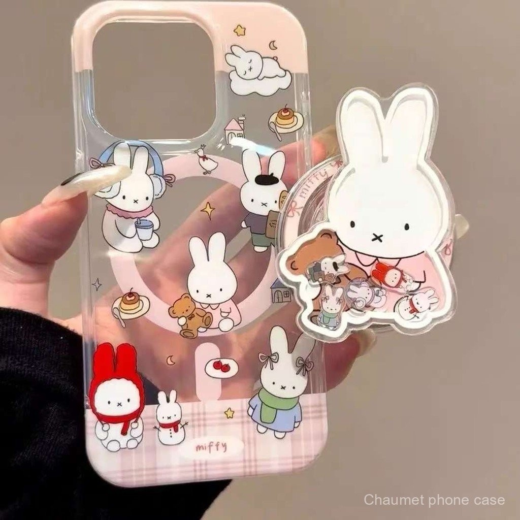 เคสโทรศัพท์แม่เหล็กน่ารัก รูปกระต่ายขาวเล็กๆ สำหรับ iPhone 14 Pro Max 15 Apple 16 เคสโทรศัพท์กันกระแทก 13 12 11 XR FXCX