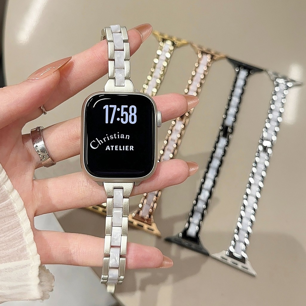Slim Metal Resin Band สําหรับ Apple Watch Series 10 9 8 7 SE 6 5 4 สายรัดข้อมือผู้หญิงสําหรับ iWatch 40 มม.44 มม.45 มม.41 มม.38 มม.42 มม.46 มม.Ultra2 49 มม.