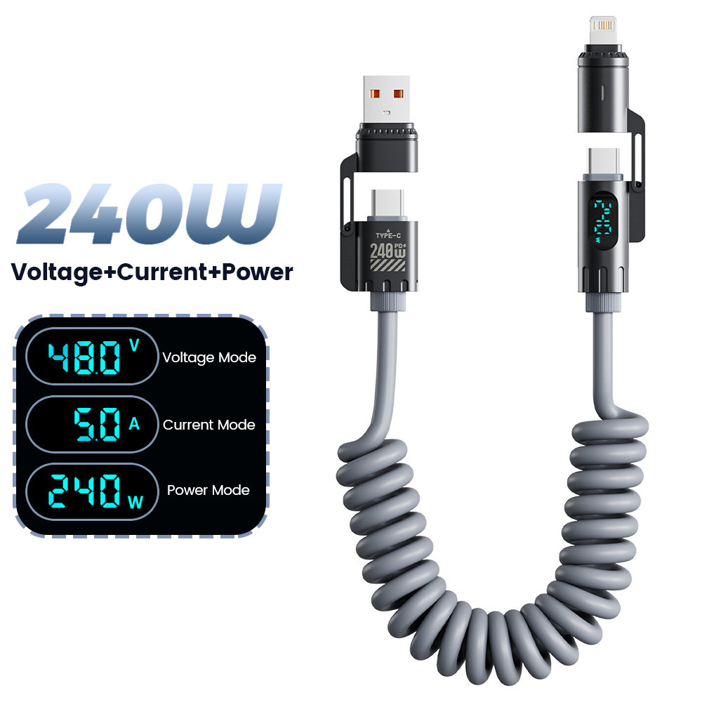 240W 4 In 1 Super Fast Charging Digital Spring Data Cable เหมาะสําหรับ Huawei Android รองรับ Carplay และ Carlife Quick Charge