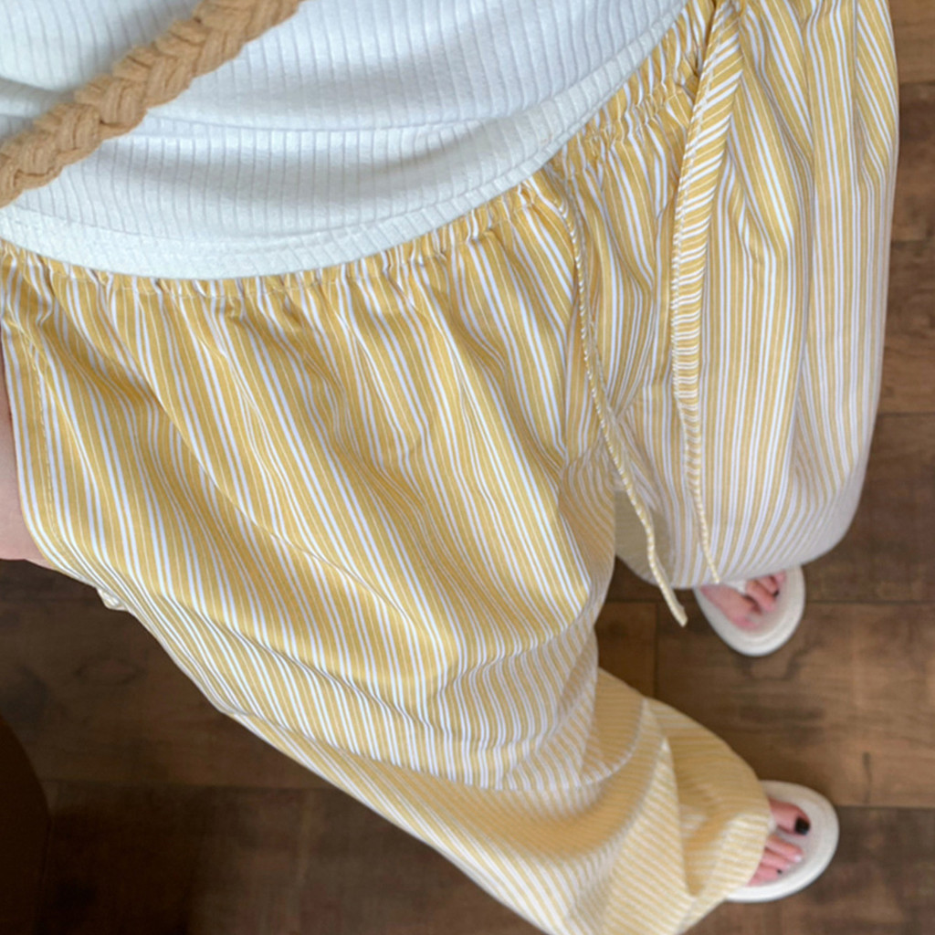 กางเกงขายาวลายทาง แนวตั้ง เอวยางยืด สำหรับฤดูร้อน - รูปที่ 2