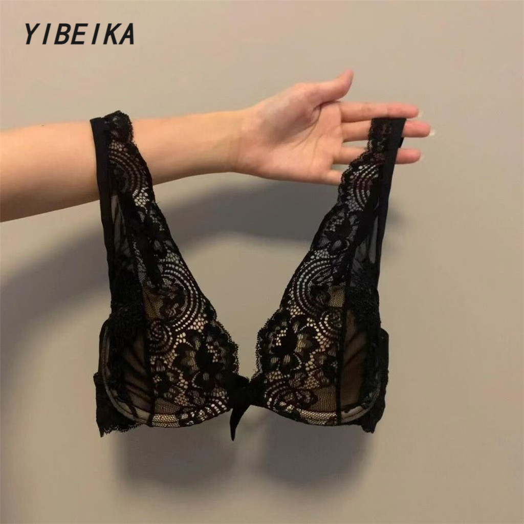 ฝรั่งเศส เซ็กซี่ เสื้อใน + กางเกงใน บราลูกไม้ ป้องกันการหย่อนคล้อย ระบาย อากาศ