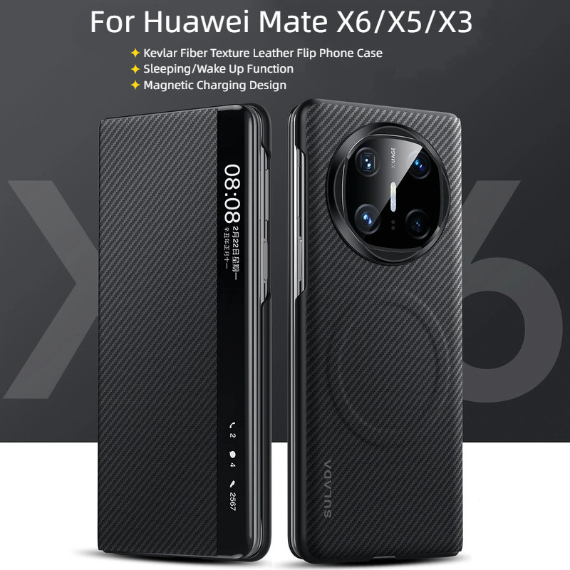 หรูหราเคฟล่าร์เนื้อ Sleeping Wake Up ฟังก์ชั่นชาร์จแม่เหล็กสมาร์ทกรณีพลิกสําหรับ Huawei Mate X6 X5 X3 ฝาครอบโทรศัพท์ปลอก