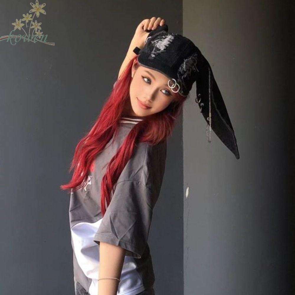 KOWEN โซ่ Doberman หูหมวก, กระต่าย Y2K Ripped Denim เบสบอลหมวก, แฟชั่นผ้าฝ้าย Punk Hip Hop หูกระต่าย Snapback หมวกผู้ชาย