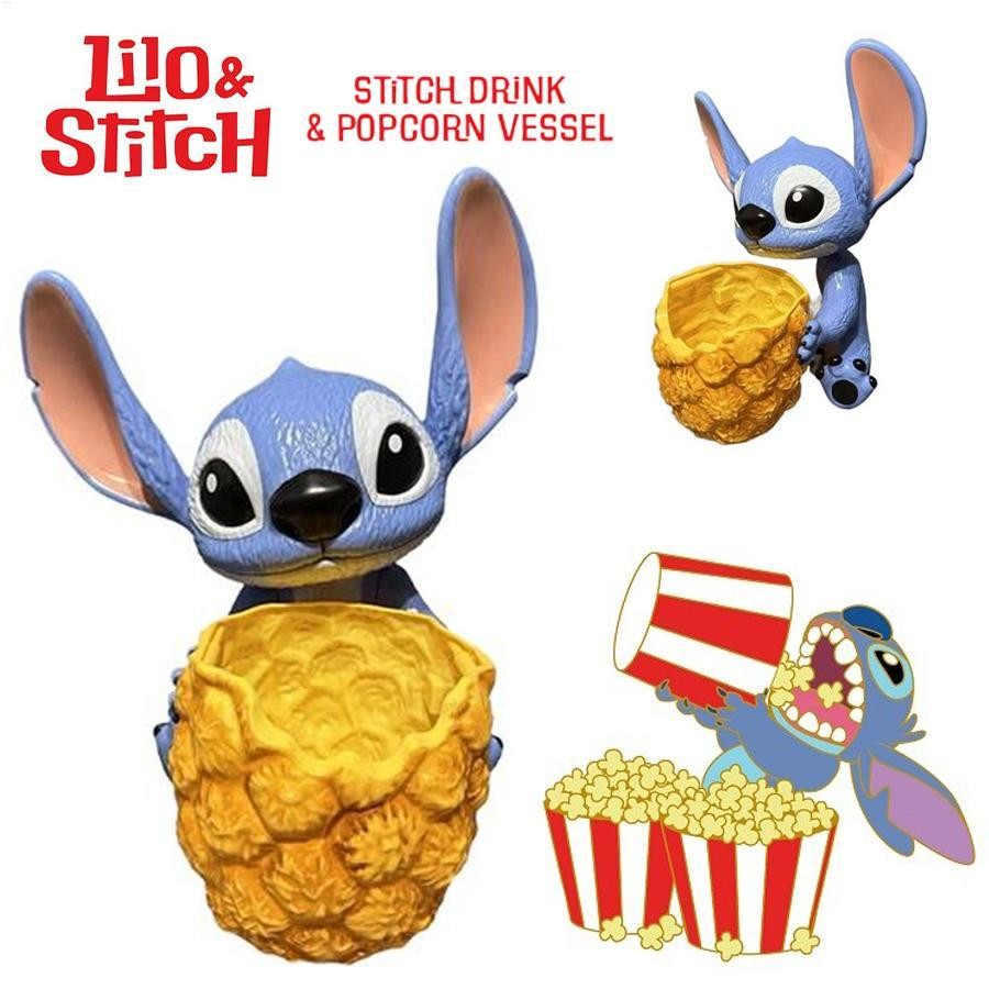 Lilo & Stitch Movie /ถังป๊อปคอร์น Stitch ปี 2025 ถังป๊อปคอร์น 3 มิติ ลายสับปะรด Stitch ภาชนะบรรจุอาหารว่างแบบใช้ซ้ำได้
