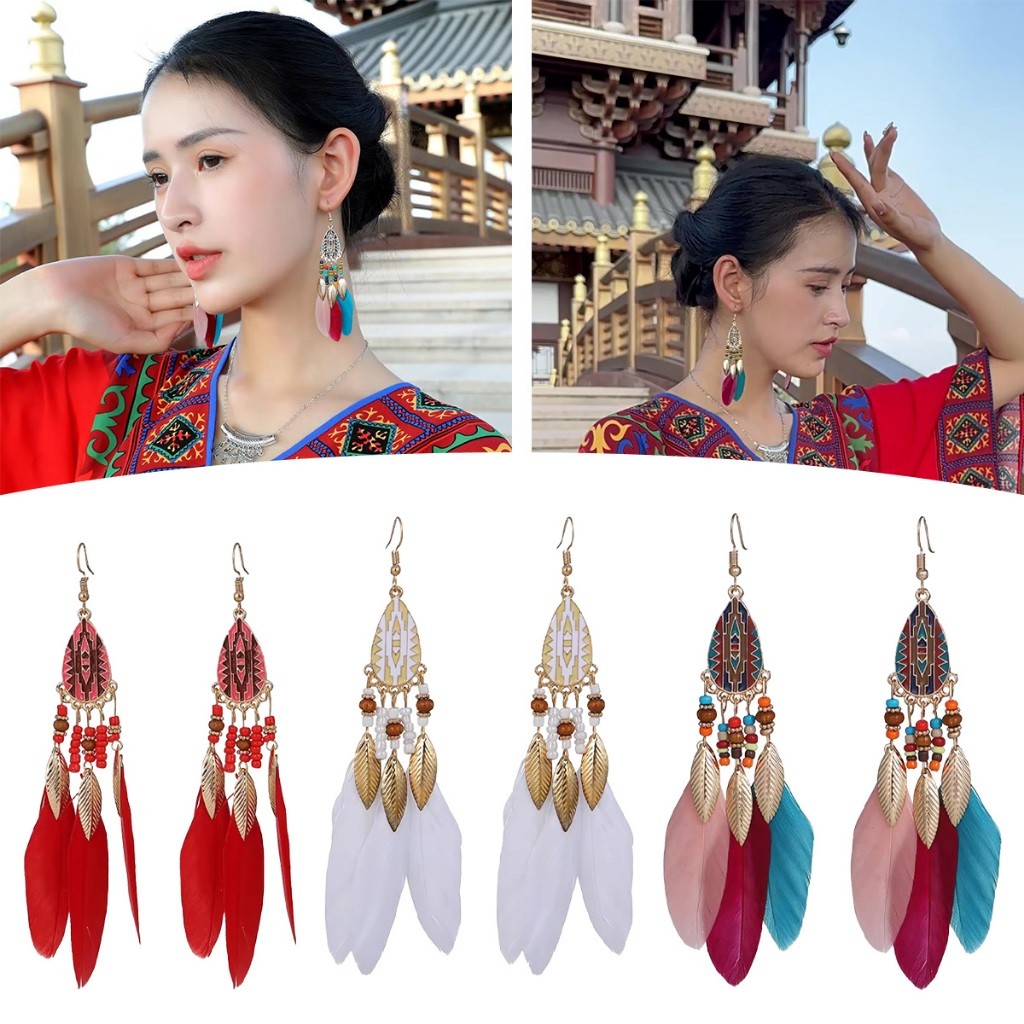 1คู่ ต่างหูพู่ประดับลูกปัด ขนนก สไตล์โบฮีเมียน สวย เครื่องประดับแฟชั่น ตุ้มหูยาวห้อย - รูปที่ 4