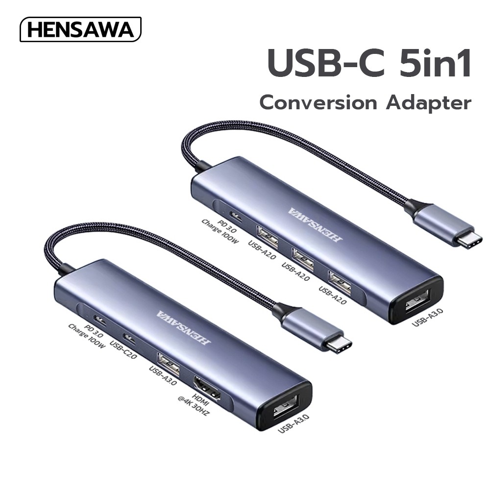 HENSAWA  รุ่น PC641 HUB Type C 5 in 1 รองรับ PD100W USB3.0  USB2.0 USB C HDMI 4K 30HZอะแดปเตอร์ฮับ