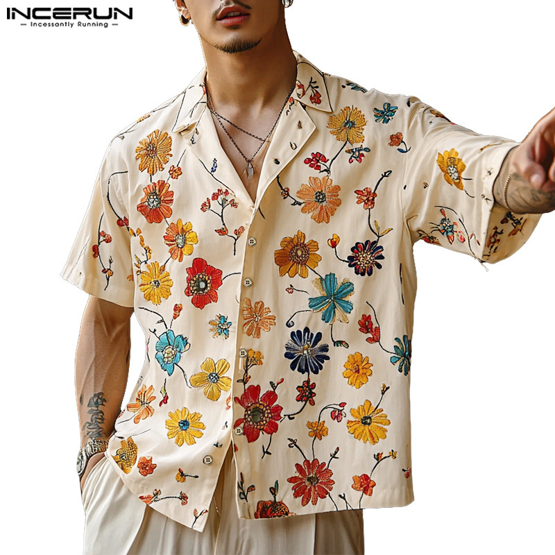INCERUN เสื้อเชิ้ตแขนสั้นพิมพ์ลายดอกไม้แขนสั้นสไตล์เกาหลีสําหรับผู้ชาย