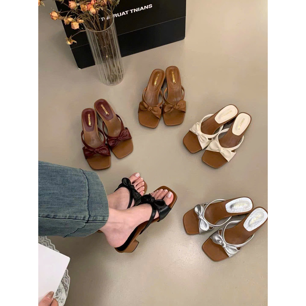 (FORM TO BACK 1 SIZE)รองเท้าแตะผู้หญิงผูกโบว์ พื้น 4 ซม. สไตล์แฟชั่น QCCC GU78 ANN_Official