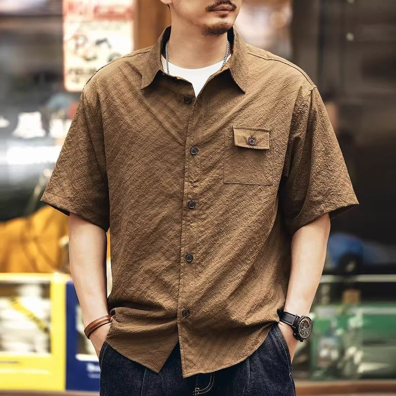 EERSHENSHI เสื้อเชิ้ตแขนสั้นผู้ชายย้อนยุคฤดูร้อนผ้าไหมน้ําแข็งหลวม Workwear เสื้อเชิ้ตพื้นผิว