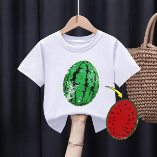 2025 เสือและแตงโมพลิกเลื่อมเสื้อยืดสําหรับเด็กชายหญิงการ์ตูน…