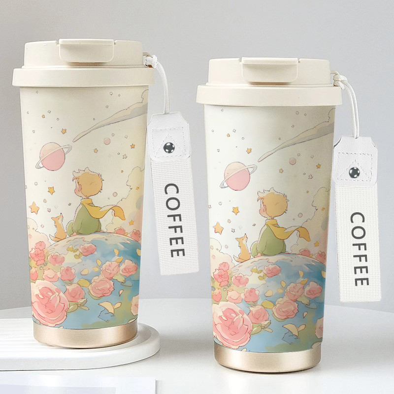 The Little Prince High-Appearance 316 สแตนเลสเซรามิค Thermos ถ้วยแบบพกพาดื่มคู่ถ้วยกาแฟขนาดใหญ่ความจุ Shock-proof/polk