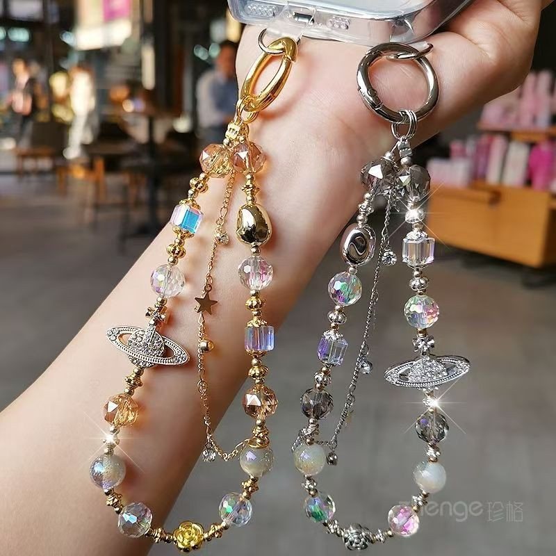 พรีเมี่ยมหรูหราโซ่โทรศัพท์มือถือดาวเสาร์ลูกปัดสายรัดข้อมือเชือกขนาดเล็กโทรศัพท์มือถือเสน่ห์พวงกุญแจมือโซ่กระเป๋าจี้
