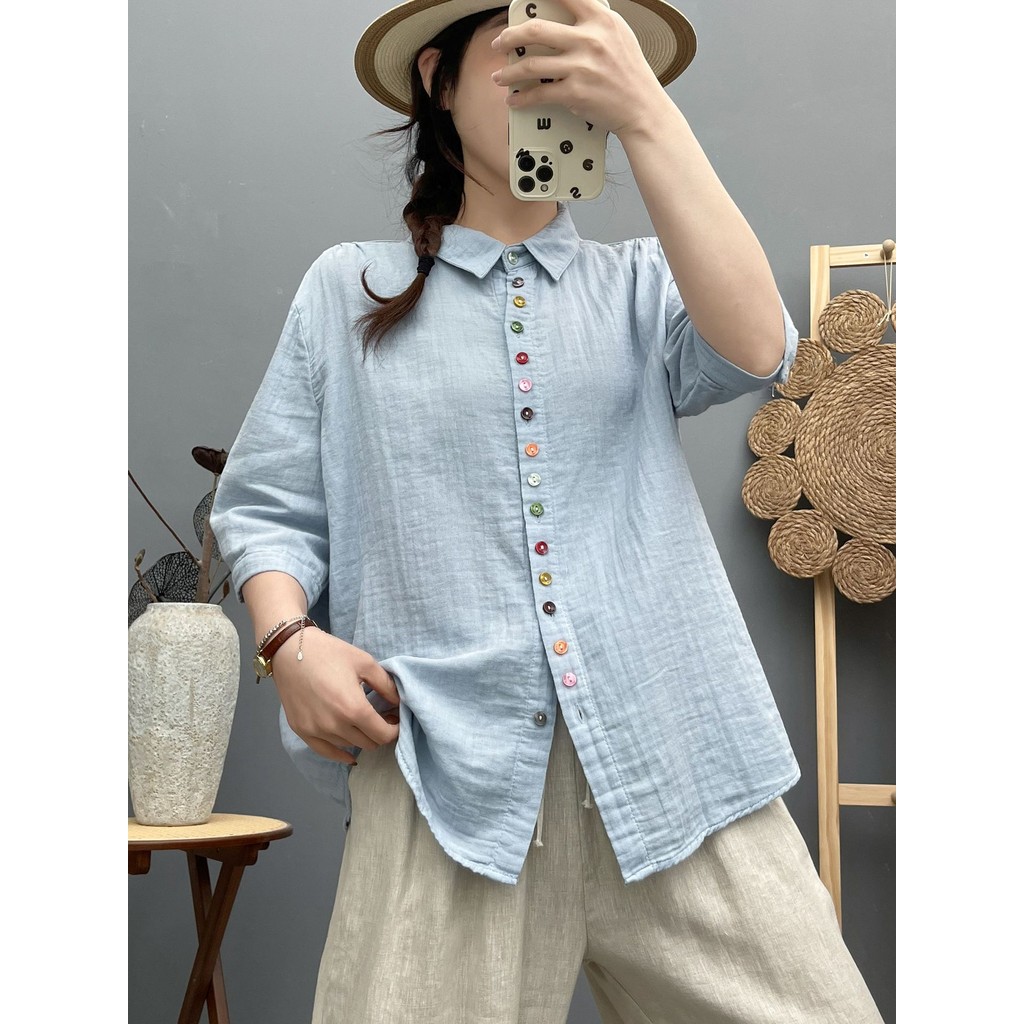100% เสื้อผ้าฝ้ายสุภาพสตรี 928 ปุ่มสีสดสองชั้นเส้นด้ายฝ้ายห้าจุดแขนเสื้อผู้หญิงฤดูร้อนหลวม ผอมลง ดูกลางแขนเสื้อด้านบน