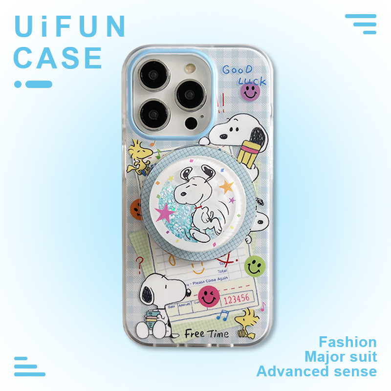 น่ารัก Glitter Snoopy Quicksand Kickstand ไร้สายชาร์จเคสโทรศัพท์สําหรับ iPhone 16 15 14 13 Pro Max กันกระแทก IMD Checkered ฝาครอบปลอก