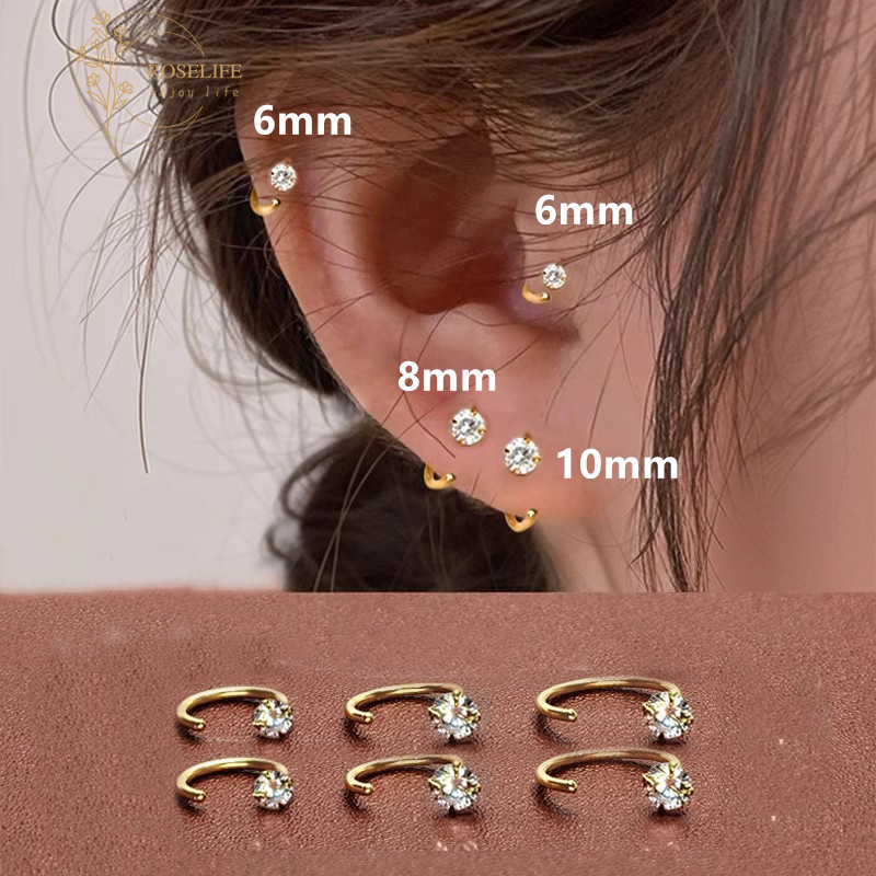 Roselife 6/8/10 มม. 1 คู่ 14k Gold CZ Zircon Hoop ต่างหูสำหรับผู้หญิง Anti-allergy คลิปกระดูกเครื่องประดับ