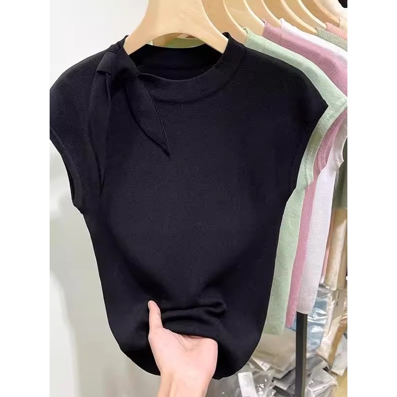 GAKKI เสื้อกั๊กแขนกุดโบว์ผูกผู้หญิง เสื้อกล้ามไหทพรม รุ่นใหม่ ฟรีไซส์ รุ่น Y1A85#