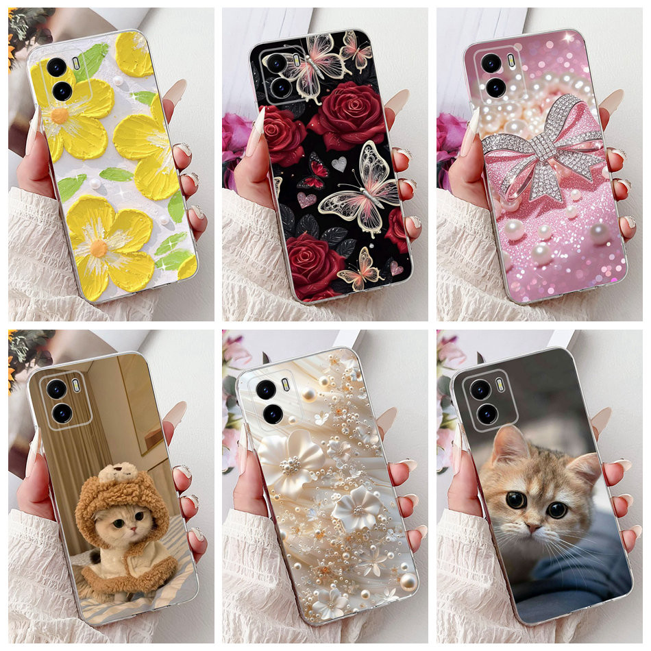 สําหรับVivo Y15s 2021 Y15a Y01 Y01A V2166 V2134 V2120 V2147 Elegantดอกไม้แมวทาสีซิลิโคนนุ่มTPUเคสโทรศัพท์