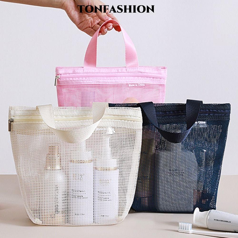 TONFASHION Storage Hadbag, กระเป๋าใส่อุปกรณ์อาบน้ําตาข่ายความจุขนาดใหญ่แบบพกพา, กระเป๋าเก็บชุดชั้นในแบบใส Reuse