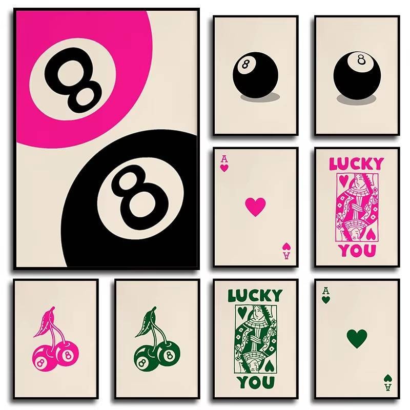 No.8 Ball โปสเตอร์ Retro สีสันอินเทรนด์ Lucky You Cherry โปสเตอร์ผ้าใบ Queen of Hearts Wall Art ภาพตกแต่งบ้าน