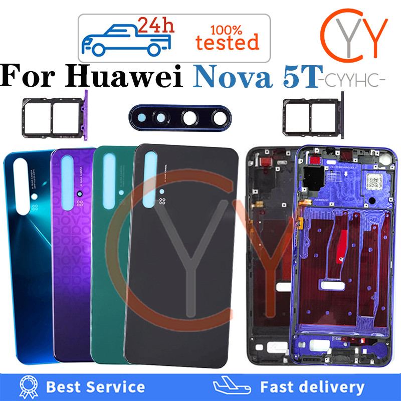 สําหรับ Huawei Nova 5T ฝาหลังแบตเตอรี่ปุ่มปรับระดับเสียงปิดปุ่มไฟฟ้าฝาครอบแบตเตอรี่ด้านหลังประตู + กรอบด้านหน้า LCD + ถาดซิมเปลี่ยนการ์ด