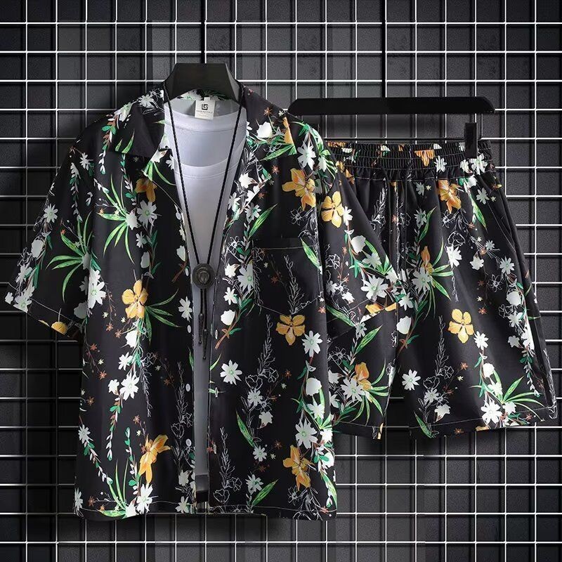 กางเกงขาสั้นผ้าไหมน้ําแข็งกทั้งชุดผู้ชายฤดูร้อนบางหลวมแขนสั้นเสื้อดอกไม้ฮาวายคู่ชายหาดสูท - รูปที่ 3