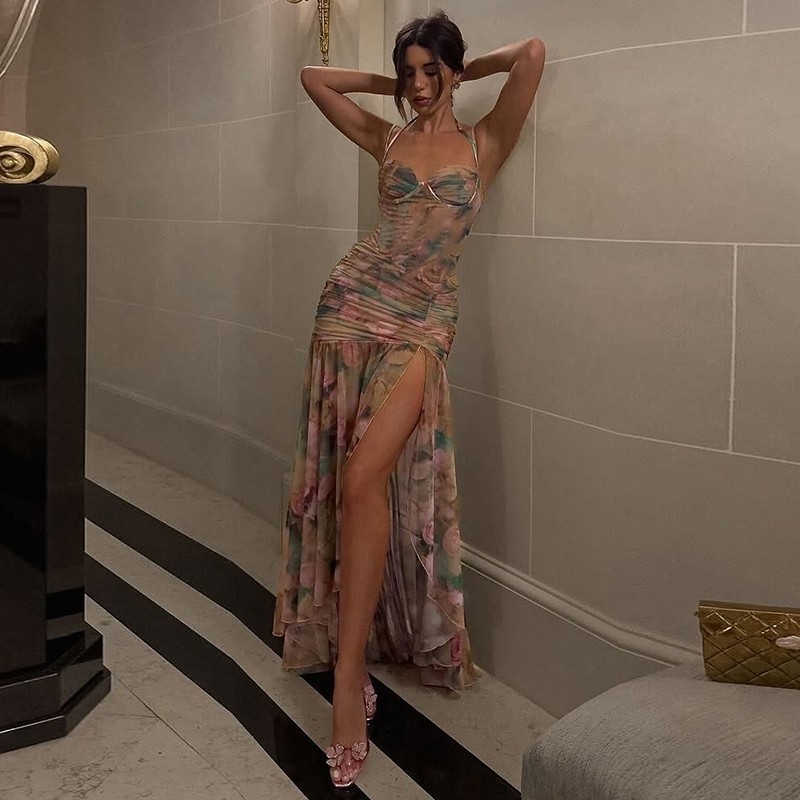 Cutenew พิมพ์ Halter เดรสปิดไหล่ Cleavage ไม่สม่ําเสมอ Patchwork รูปเอว Ruched ด้านข้าง Slit ผู้หญิงแฟชั่นลําลองเซ็กซี่สไตล์อเมริกัน