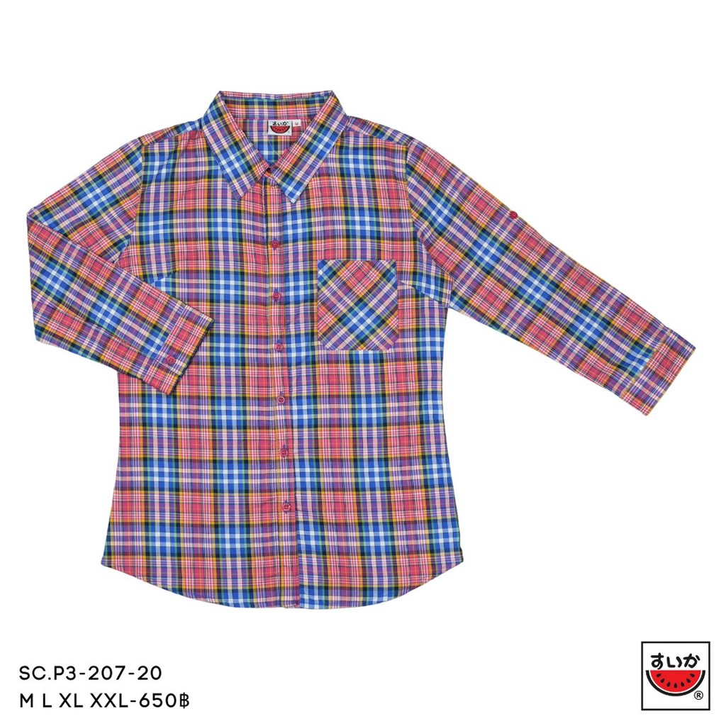 เสื้อแตงโม (SUIKA) คอปกเชิ้ตผ่าหน้าแขนสามส่วน ผู้หญิง ลายสก๊อต (ผ้าไม่ยืด) ( SC.P3 ) — صورة 4