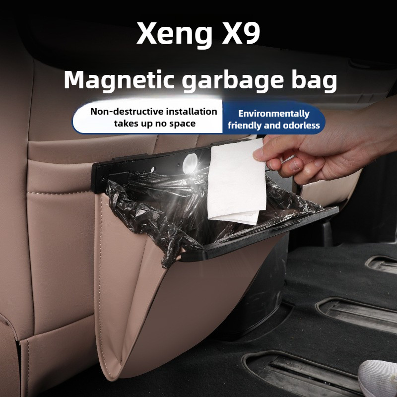 Xpeng g6/x9 แม่เหล็กแขวนถุงขยะรถหนัง PU ถังขยะกันน้ําที่นั่งด้านหลังกลับพับถุงเก็บภายในถังขยะ
