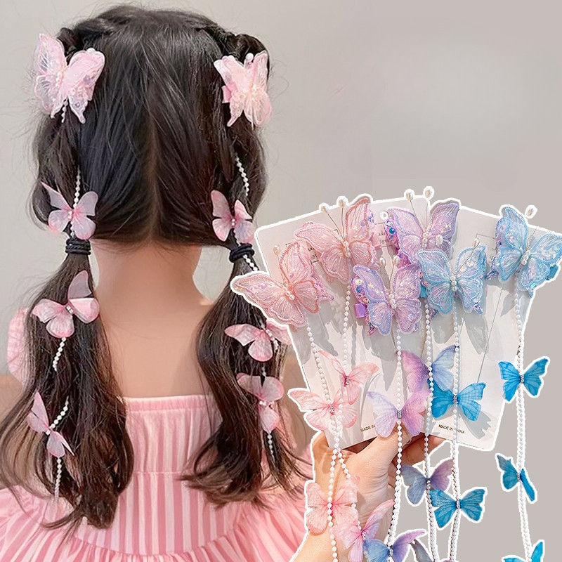 2ชิ้นเด็กเด็กนางฟ้าผีเสื้อมุกพู่กิ๊บเครื่องประดับผม